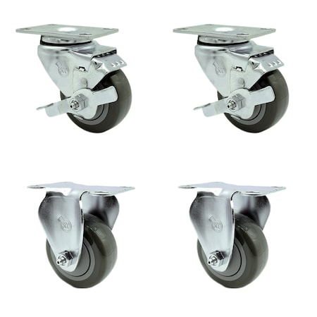 Service Caster 3.5 Inch Gray Polyurethane Swivel Top Plate Caster Set with 2 Brake 2 Rigid SCC SCC-20S3514-PPUB-TLB-2-R3514-2